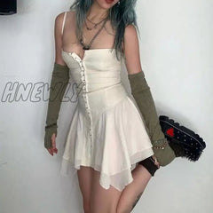 Hnewly E-Girl Harajuku Grunge Mini Dress Y2K Aesthetics Fairy Sexy Low Cut Front Hook Irregular Hem