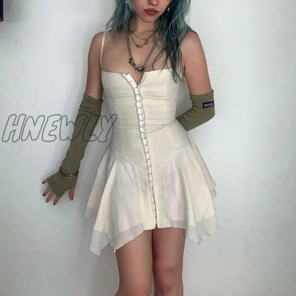 Hnewly E-Girl Harajuku Grunge Mini Dress Y2K Aesthetics Fairy Sexy Low Cut Front Hook Irregular Hem