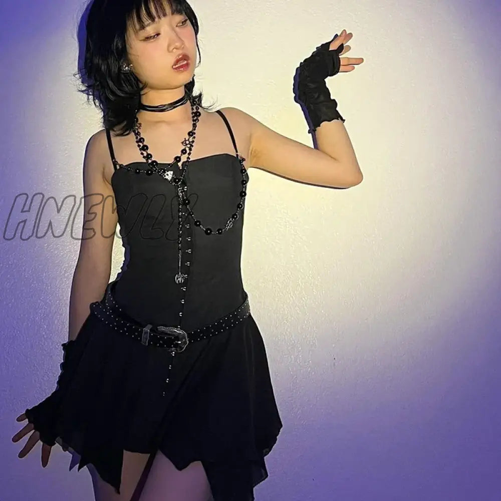 Hnewly E-Girl Harajuku Grunge Mini Dress Y2K Aesthetics Fairy Sexy Low Cut Front Hook Irregular Hem