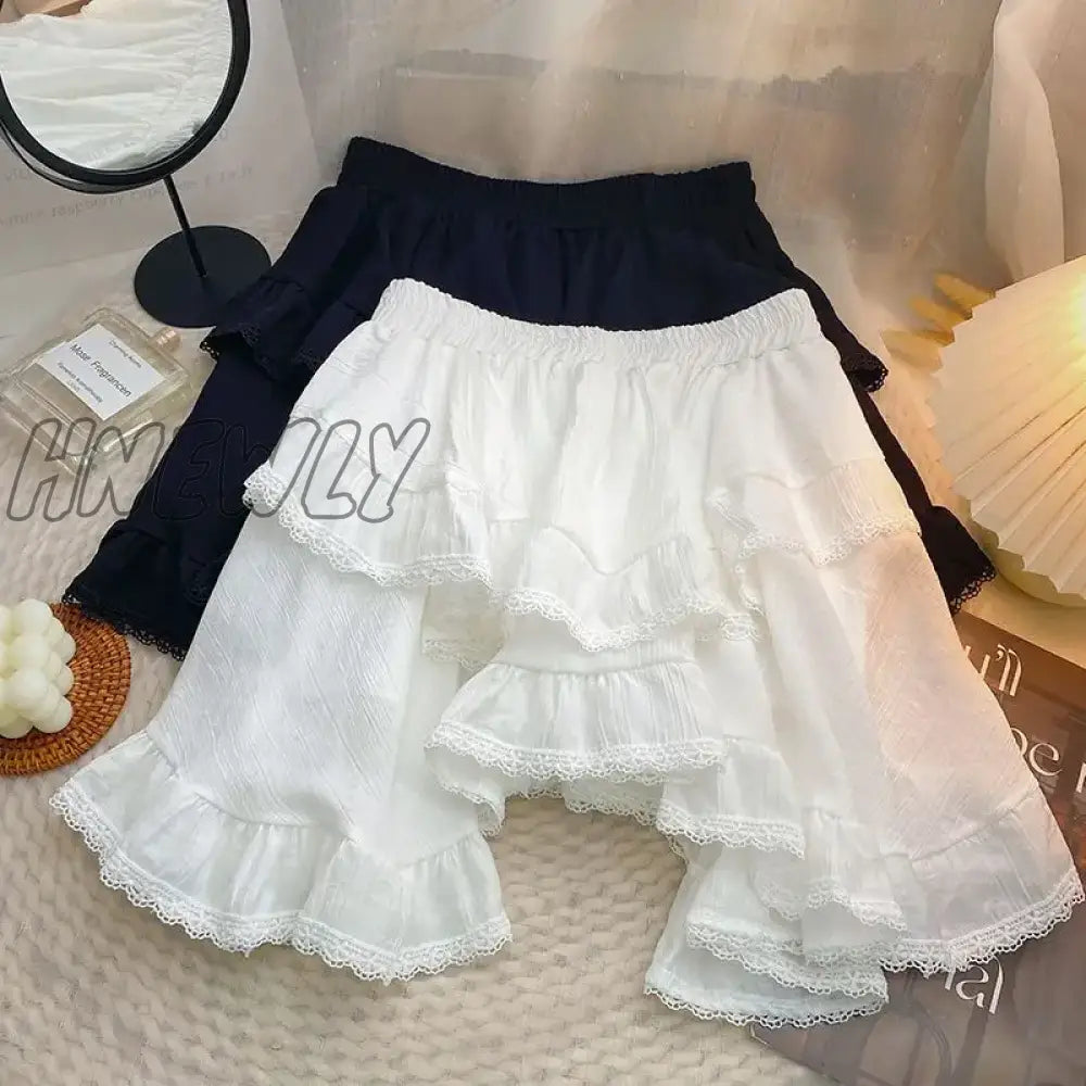 Hnewly Elastic Waist White Black Irregular Mini Kawaii Skirt Japanese Style School Y2K Aesthetic