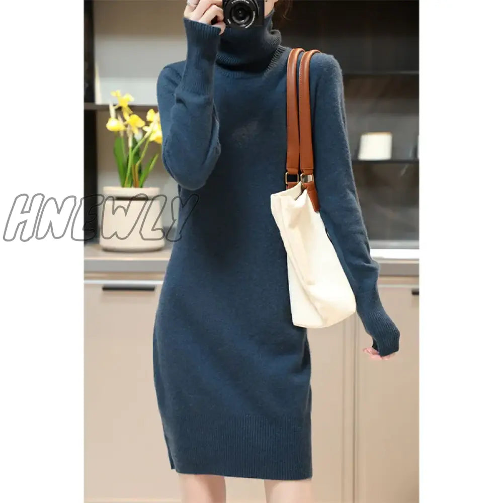 Hnewly Elegant Cashmere Sweater Womens Dresses 100% Merino Wool Autumn Winter Turtleneck Knitted