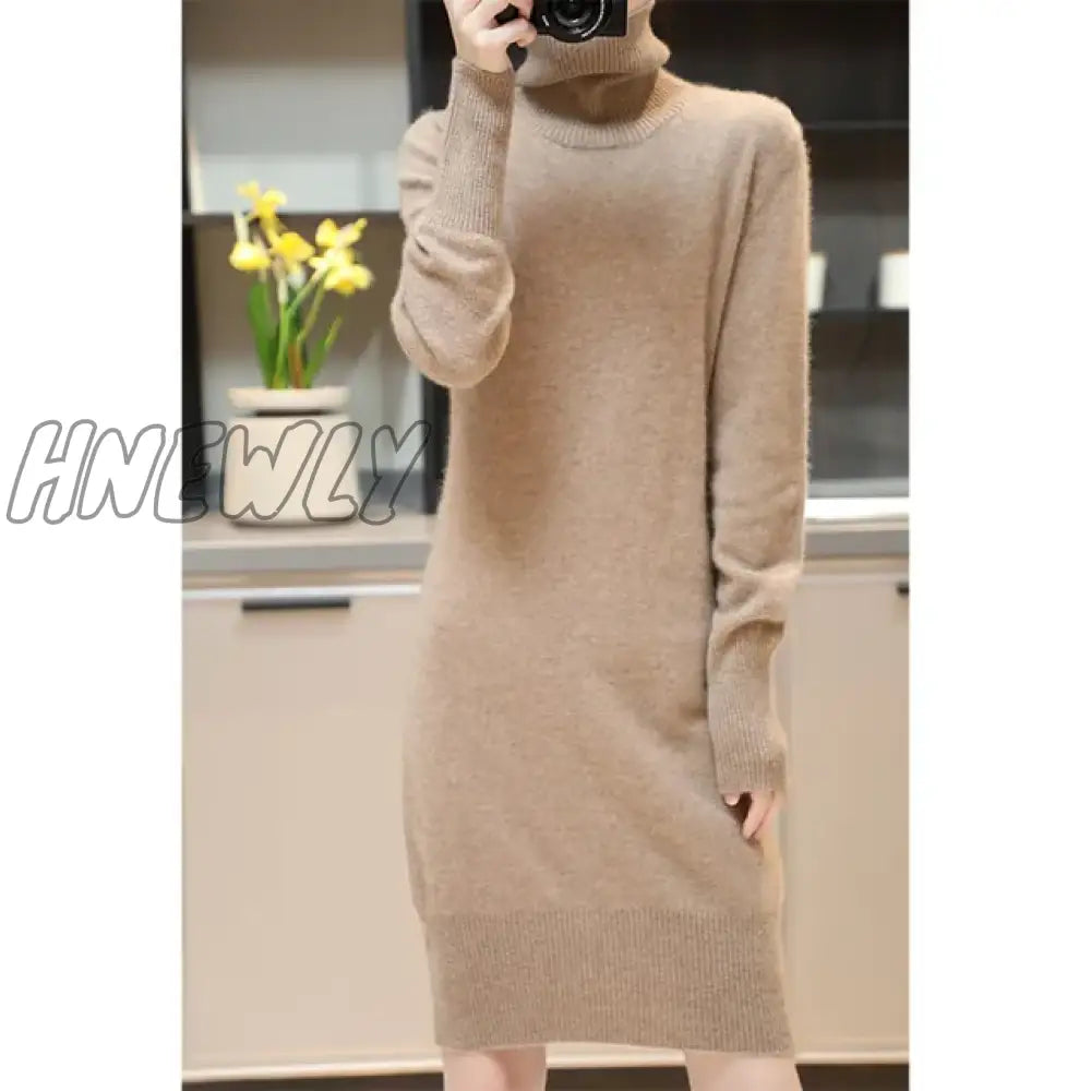 Hnewly Elegant Cashmere Sweater Womens Dresses 100% Merino Wool Autumn Winter Turtleneck Knitted