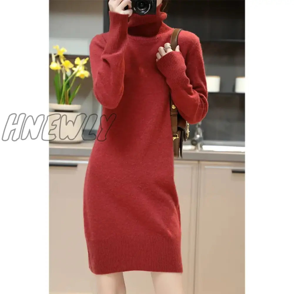 Hnewly Elegant Cashmere Sweater Womens Dresses 100% Merino Wool Autumn Winter Turtleneck Knitted