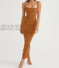 Hnewly Elegant Corset Ruched Maxi Dress Women Fashion Spaghetti Strap Sleeveless Backless Zipper