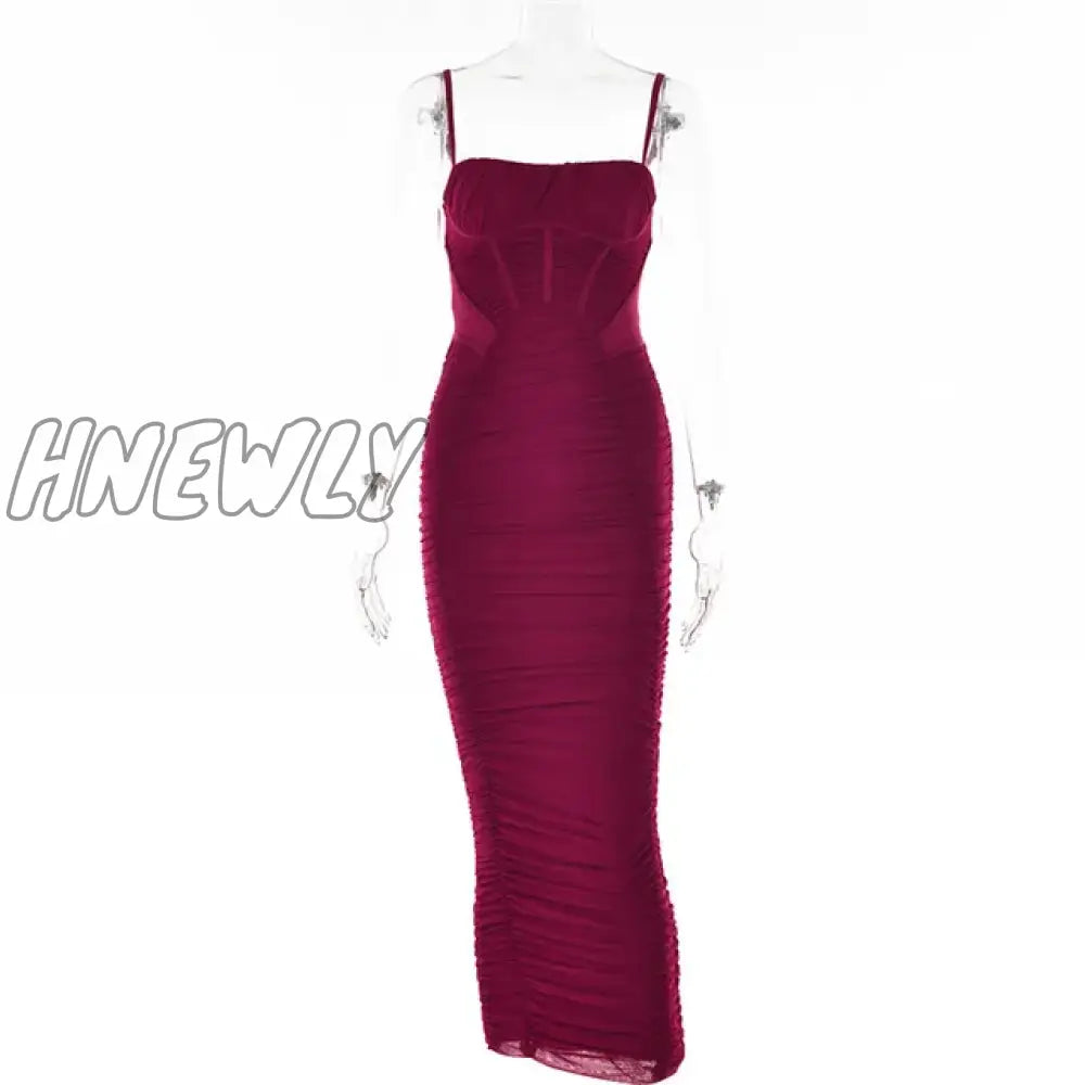 Hnewly Elegant Corset Ruched Maxi Dress Women Fashion Spaghetti Strap Sleeveless Backless Zipper