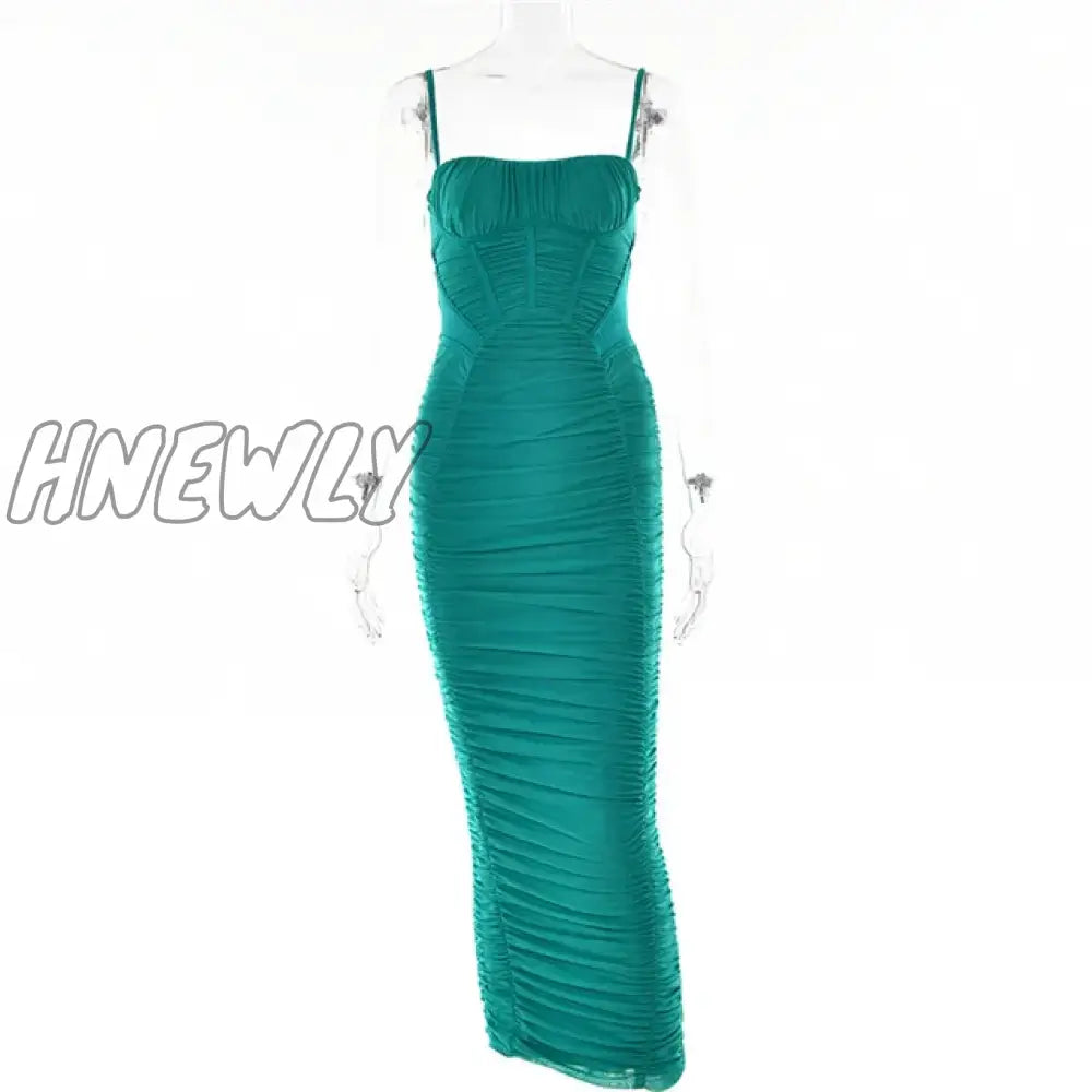 Hnewly Elegant Corset Ruched Maxi Dress Women Fashion Spaghetti Strap Sleeveless Backless Zipper