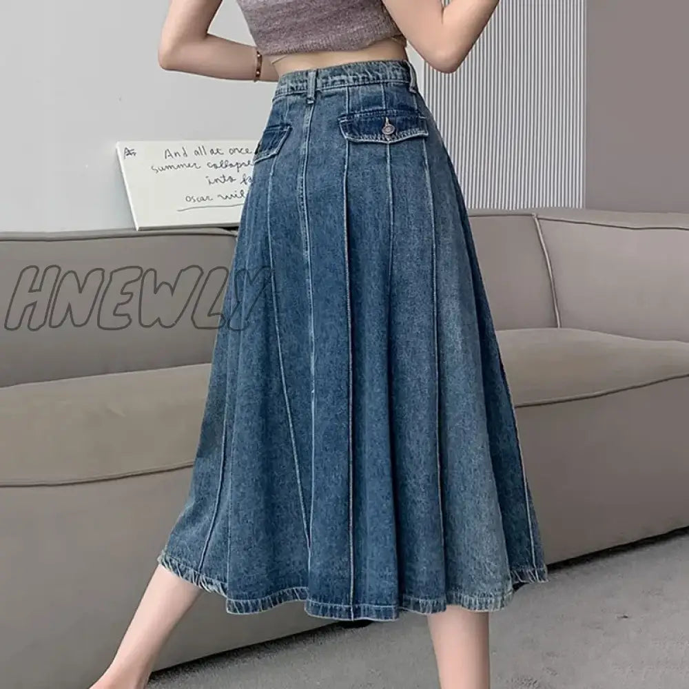 Hnewly Elegant Denim Pleated Skirt Ladies Women High Waist Harajuku Korean Style A-Line Long For