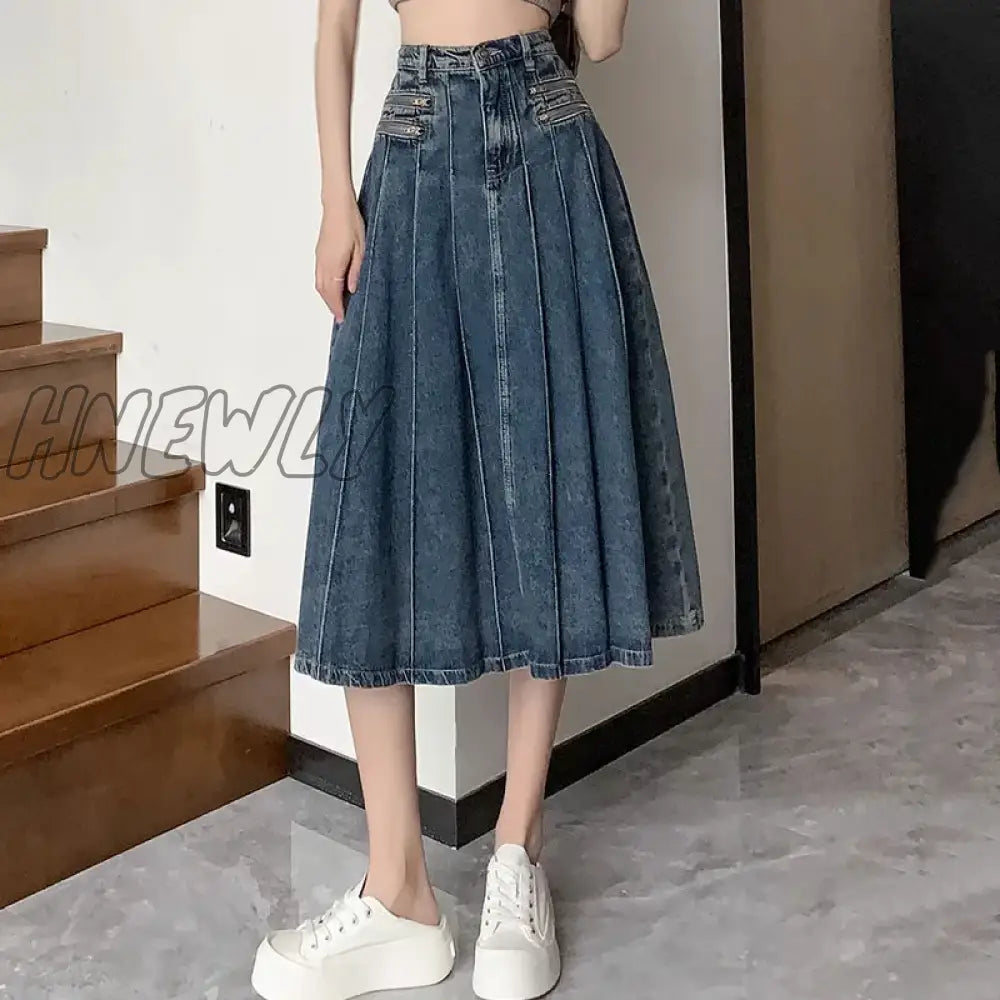 Hnewly Elegant Denim Pleated Skirt Ladies Women High Waist Harajuku Korean Style A-Line Long For