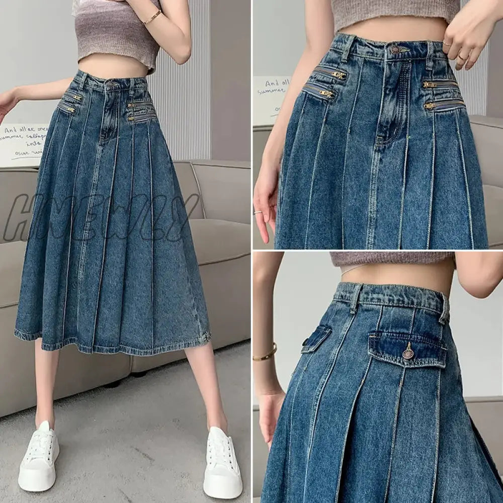 Hnewly Elegant Denim Pleated Skirt Ladies Women High Waist Harajuku Korean Style A-Line Long For