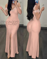 Hnewly Elegant Dress Women New Fashion Sexy V-Neck Off Shoulder Diamond Sleeveless Split Slim Fit