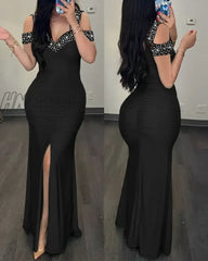 Hnewly Elegant Dress Women New Fashion Sexy V-Neck Off Shoulder Diamond Sleeveless Split Slim Fit