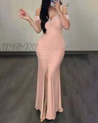 Hnewly Elegant Dress Women New Fashion Sexy V-Neck Off Shoulder Diamond Sleeveless Split Slim Fit