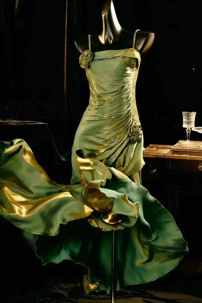 Hnewly Elegant Elf Green Ruffled Mermaid Prom Dress Birthday Party Gowns Olive Floar Evening For