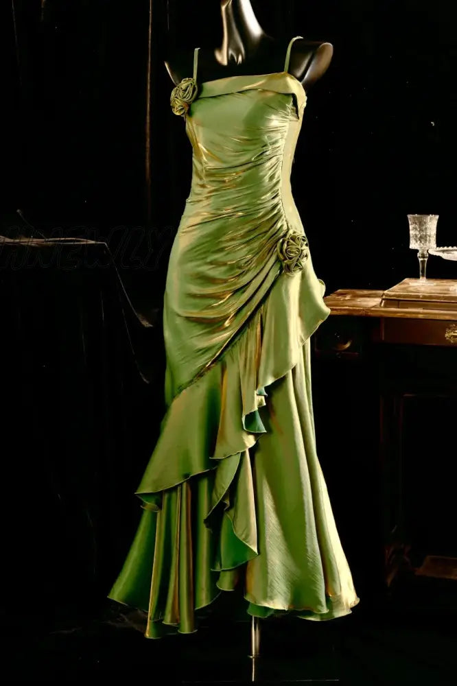 Hnewly Elegant Elf Green Ruffled Mermaid Prom Dress Birthday Party Gowns Olive Floar Evening For