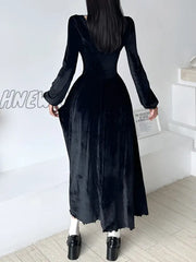 Hnewly Elegant Fashion Lace Trim Velvet A-Line Dress Slim Solid Square Collar Long Sleeve Maxi