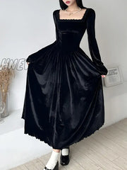Hnewly Elegant Fashion Lace Trim Velvet A-Line Dress Slim Solid Square Collar Long Sleeve Maxi
