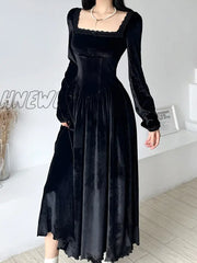 Hnewly Elegant Fashion Lace Trim Velvet A-Line Dress Slim Solid Square Collar Long Sleeve Maxi