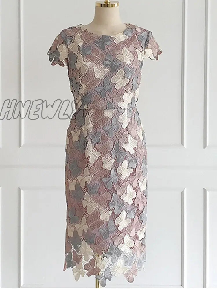 Hnewly Elegant Fashion Puff Sleeve Office Pencil Dress Women Summer Sheath Lace Dresses Simple