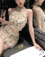 Hnewly Elegant Fashion Small Fragrance Sequins Two Piece Set Women Halter Top + Chain Skirt Sets