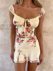 Hnewly Elegant Floral 2 Pieces Sets Women Suits Summer Beach Party Outfits Short Sleeve Tie Up