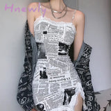 Hnewly Elegant Lace Mesh Newspaper Printing Slim Side Split Sexy Skinny Strap Tank Mini Dress