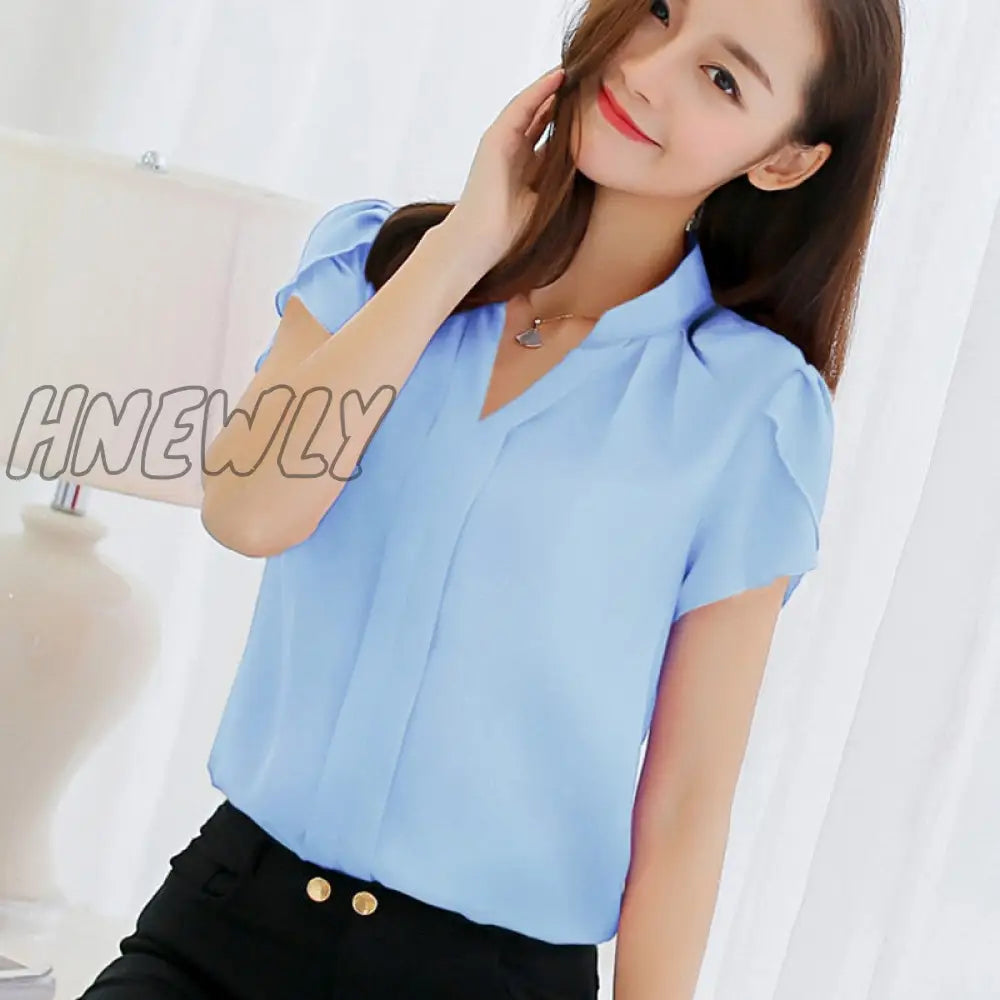 Hnewly Elegant Ladies Formal Office Blusas Women Chiffon Blouse Femininas Tops Short Sleeve Plus