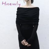 Hnewly Elegant Lady Folds Slash Neck T Shirt Korean Fashion Chic Women Full Sleeve Slim Fit Tees