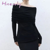 Hnewly Elegant Lady Folds Slash Neck T Shirt Korean Fashion Chic Women Full Sleeve Slim Fit Tees