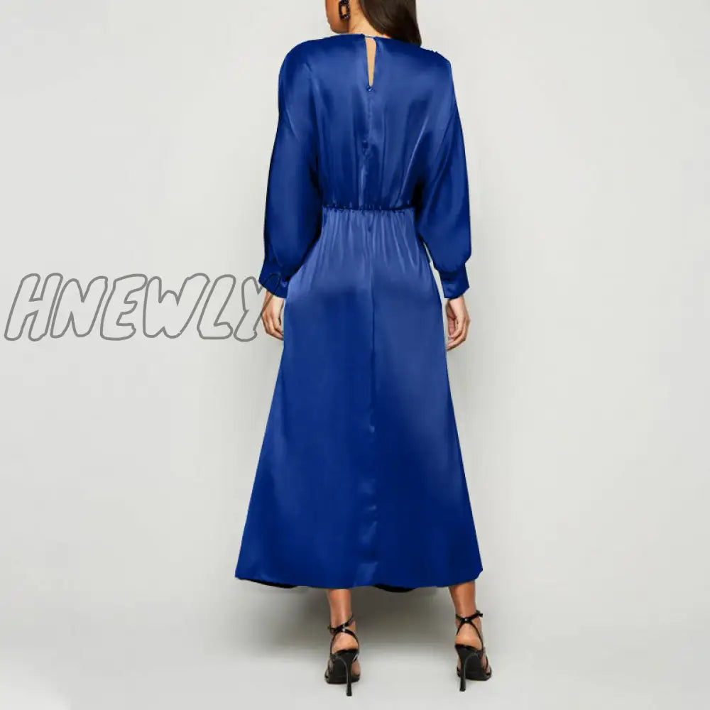Hnewly Elegant Maxi Dress Summer Women Sexy Satin Silk Solid Long Bat Sleeve V Neck Party Vestidos