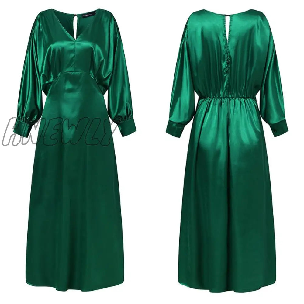 Hnewly Elegant Maxi Dress Summer Women Sexy Satin Silk Solid Long Bat Sleeve V Neck Party Vestidos