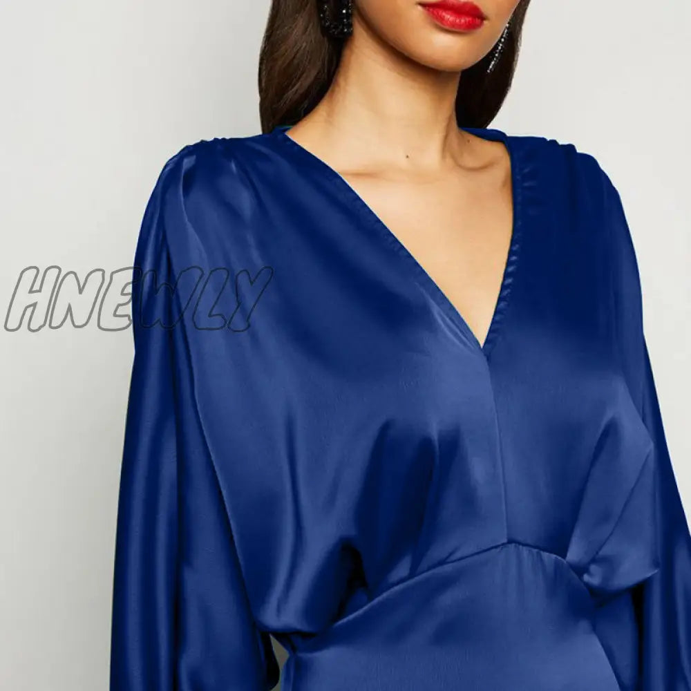 Hnewly Elegant Maxi Dress Summer Women Sexy Satin Silk Solid Long Bat Sleeve V Neck Party Vestidos