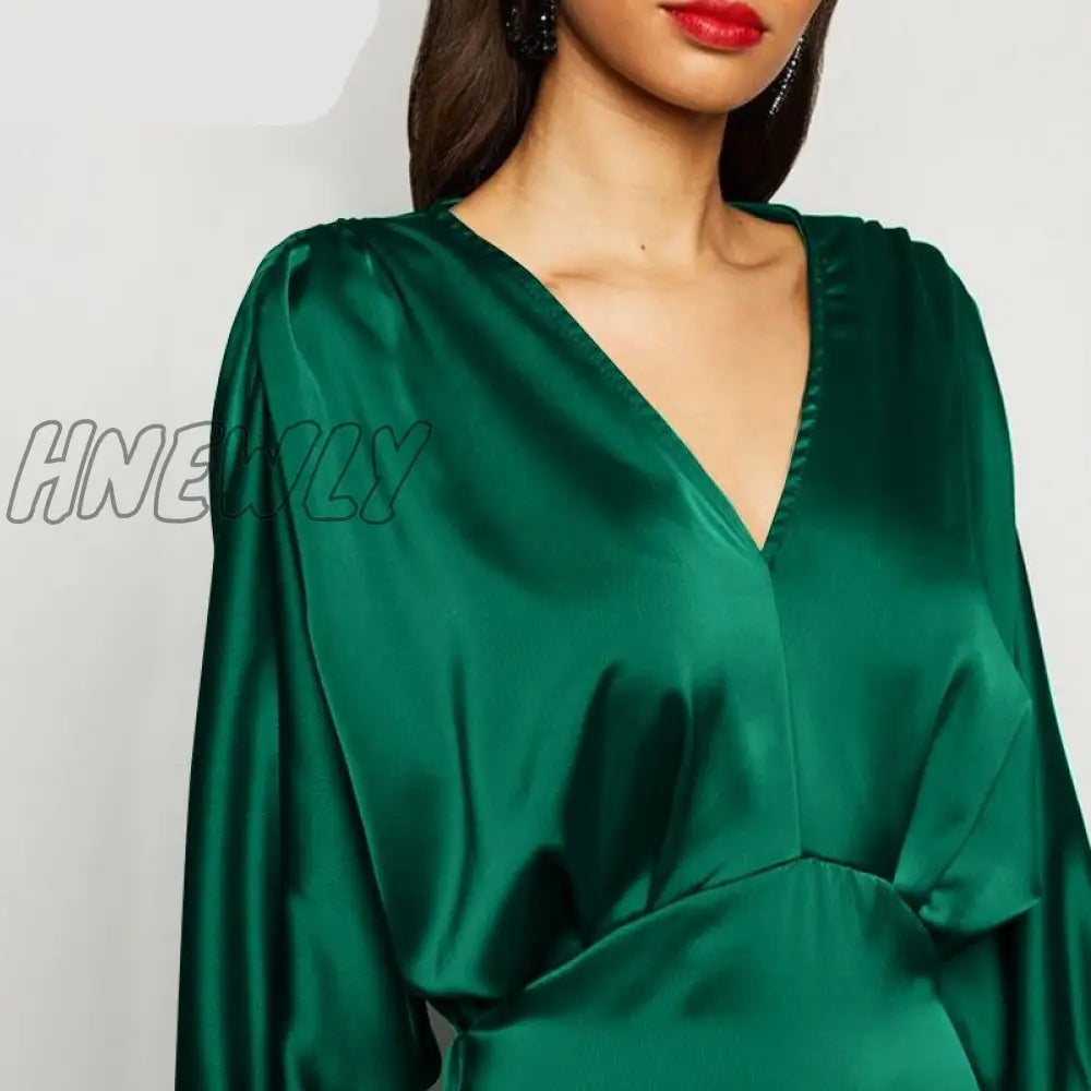 Hnewly Elegant Maxi Dress Summer Women Sexy Satin Silk Solid Long Bat Sleeve V Neck Party Vestidos