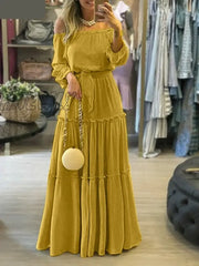 Hnewly Elegant Off Shoulder Women’s Dress Autumn Belted Ruffle Maxi Vestidos Casual Puff Sleeve