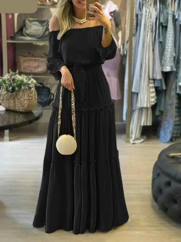 Hnewly Elegant Off Shoulder Women’s Dress Autumn Belted Ruffle Maxi Vestidos Casual Puff Sleeve