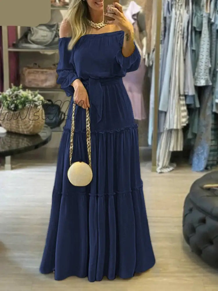 Hnewly Elegant Off Shoulder Women’s Dress Autumn Belted Ruffle Maxi Vestidos Casual Puff Sleeve