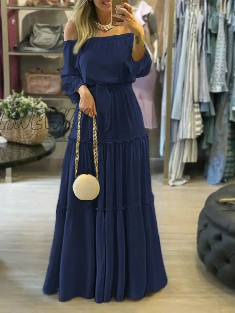 Hnewly Elegant Off Shoulder Women’s Dress Autumn Belted Ruffle Maxi Vestidos Casual Puff Sleeve