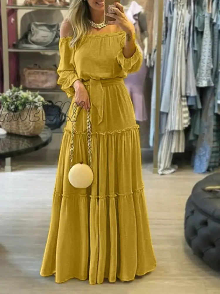 Hnewly Elegant Off Shoulder Women’s Dress Autumn Belted Ruffle Maxi Vestidos Casual Puff Sleeve