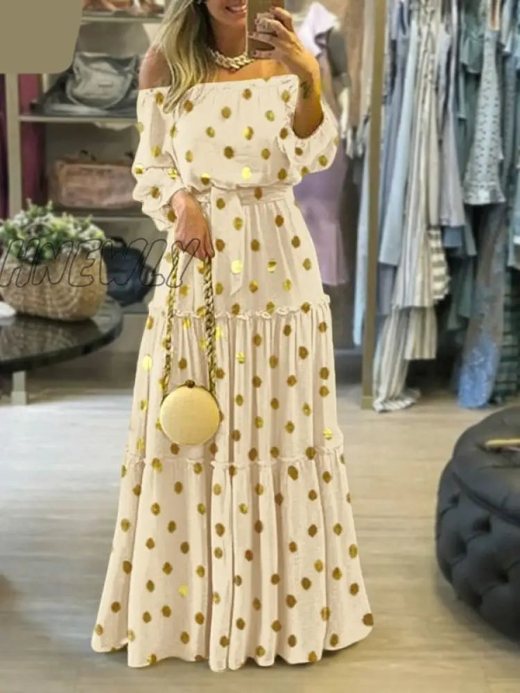 Hnewly Elegant Off Shoulder Women’s Dress Autumn Belted Ruffle Maxi Vestidos Casual Puff Sleeve
