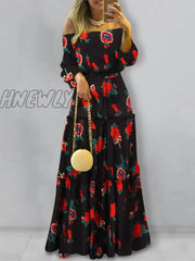 Hnewly Elegant Off Shoulder Women’s Dress Autumn Belted Ruffle Maxi Vestidos Casual Puff Sleeve