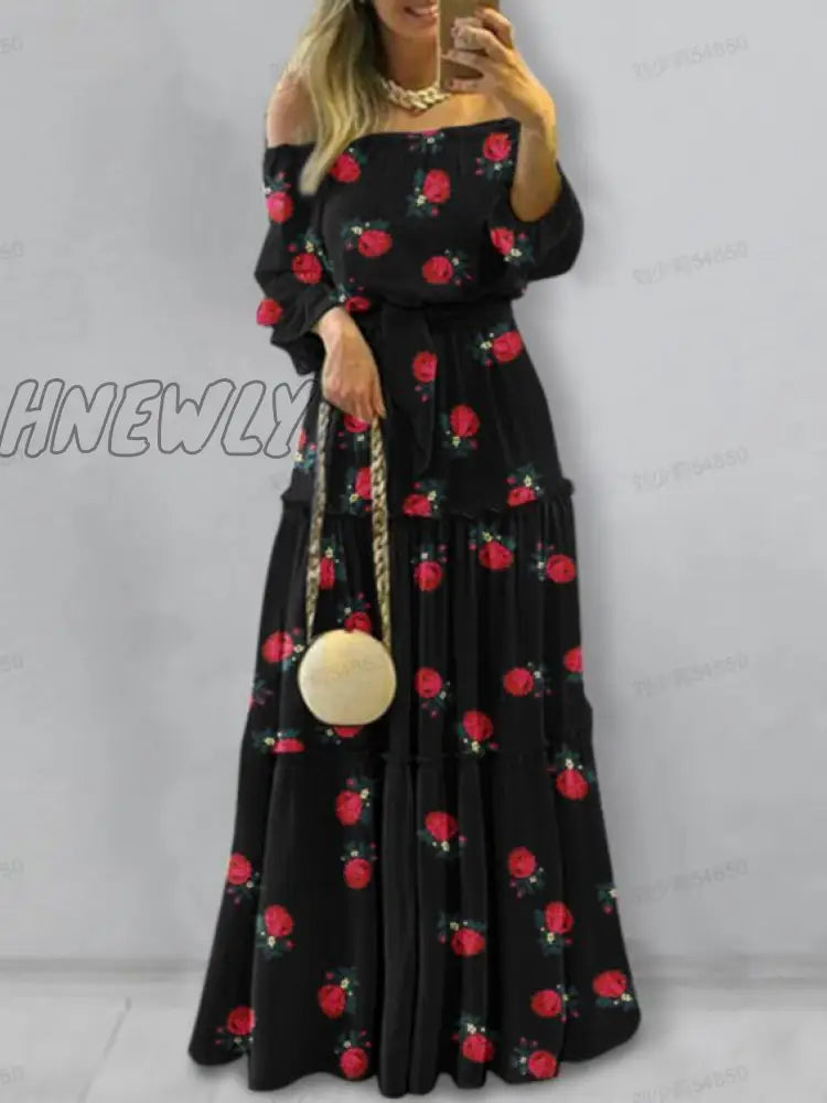 Hnewly Elegant Off Shoulder Women’s Dress Autumn Belted Ruffle Maxi Vestidos Casual Puff Sleeve