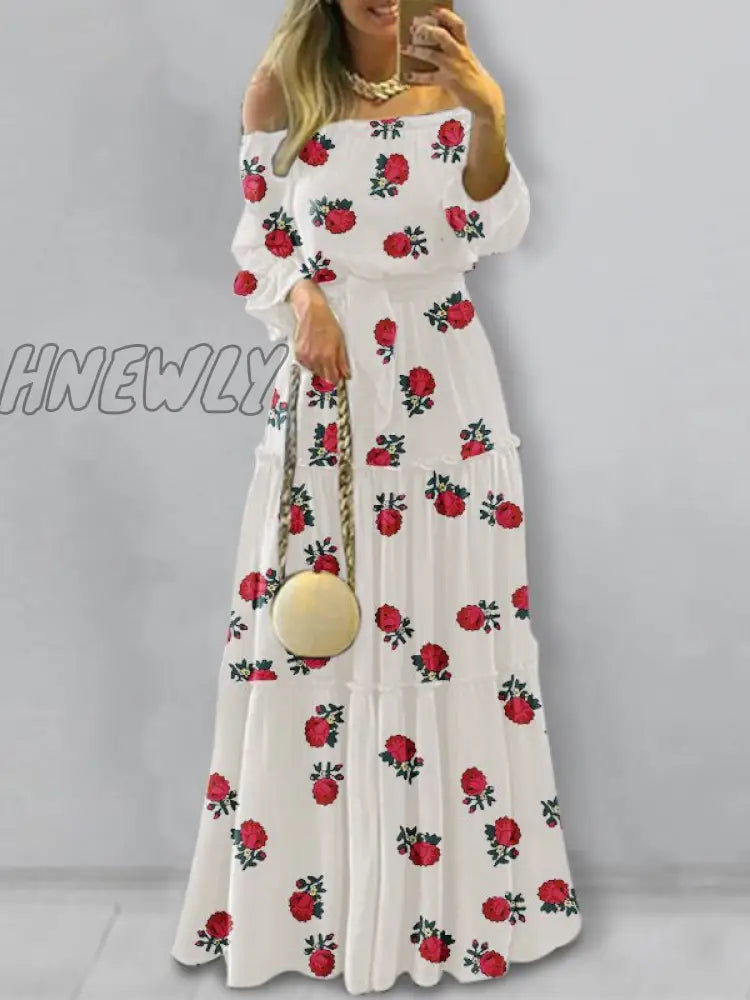 Hnewly Elegant Off Shoulder Women’s Dress Autumn Belted Ruffle Maxi Vestidos Casual Puff Sleeve