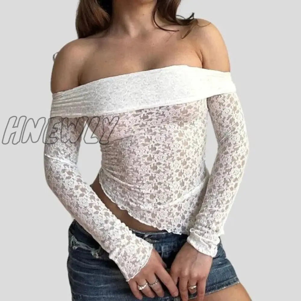 Hnewly Elegant Off Soulder Crop Tops Chic Women Long Sleeve Slim Fit Tees Korean Fashion Sexy