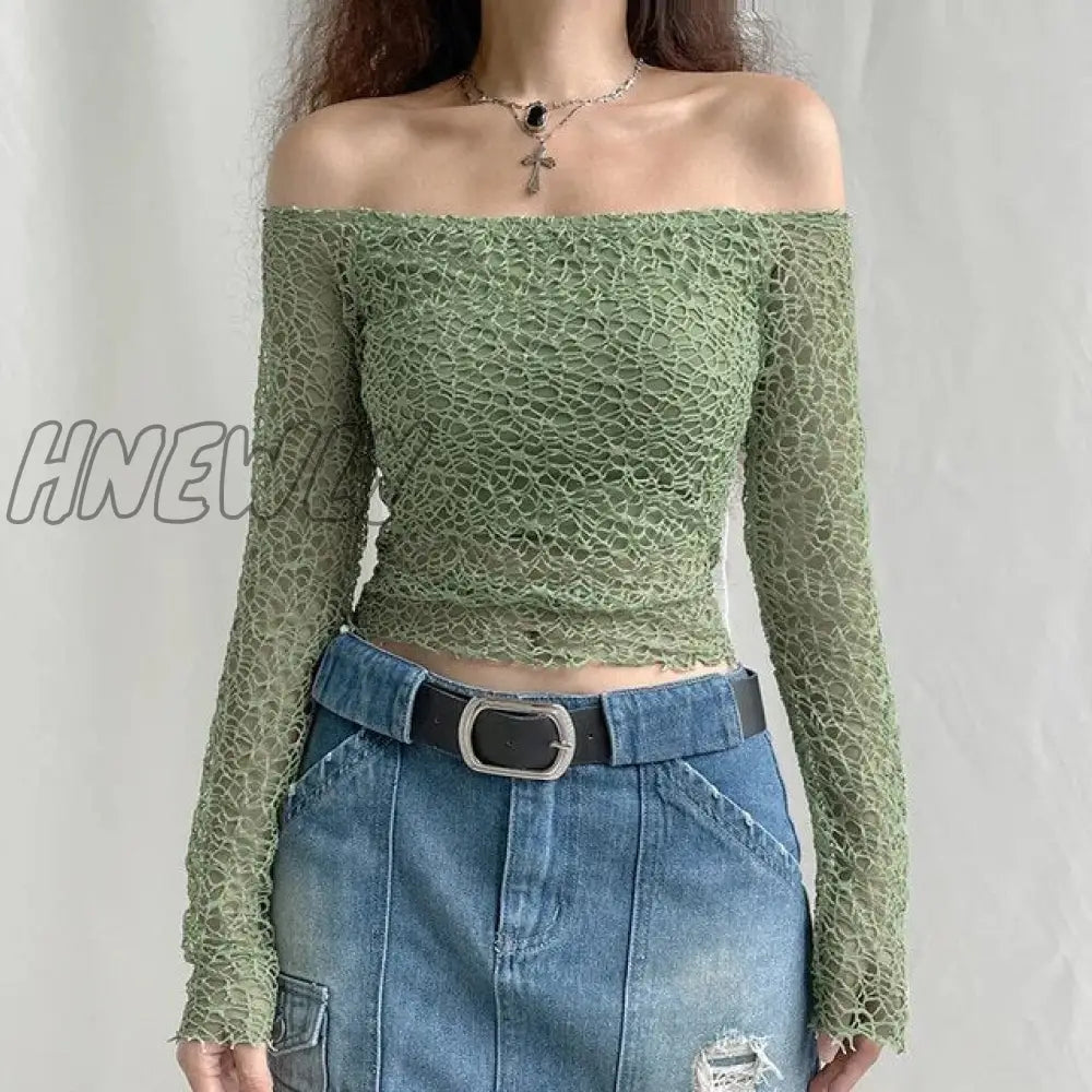 Hnewly Elegant Off Soulder Crop Tops Chic Women Long Sleeve Slim Fit Tees Korean Fashion Sexy