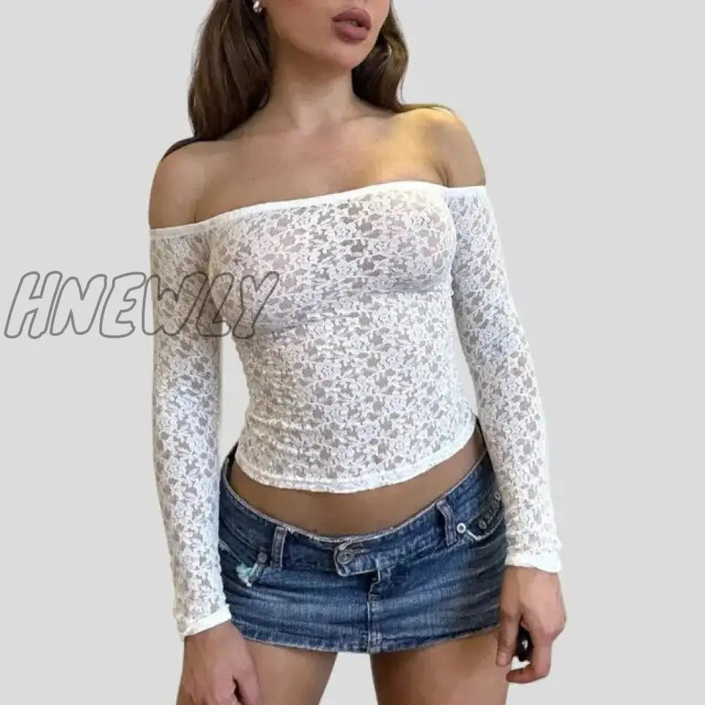 Hnewly Elegant Off Soulder Crop Tops Chic Women Long Sleeve Slim Fit Tees Korean Fashion Sexy