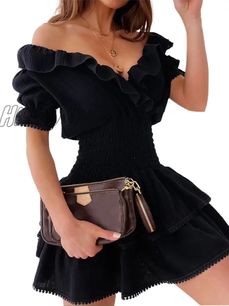 Hnewly Elegant Ruffle Party Dress Summer Butterfly Short Sleeve Mini Spring V Neck Patchwork Women