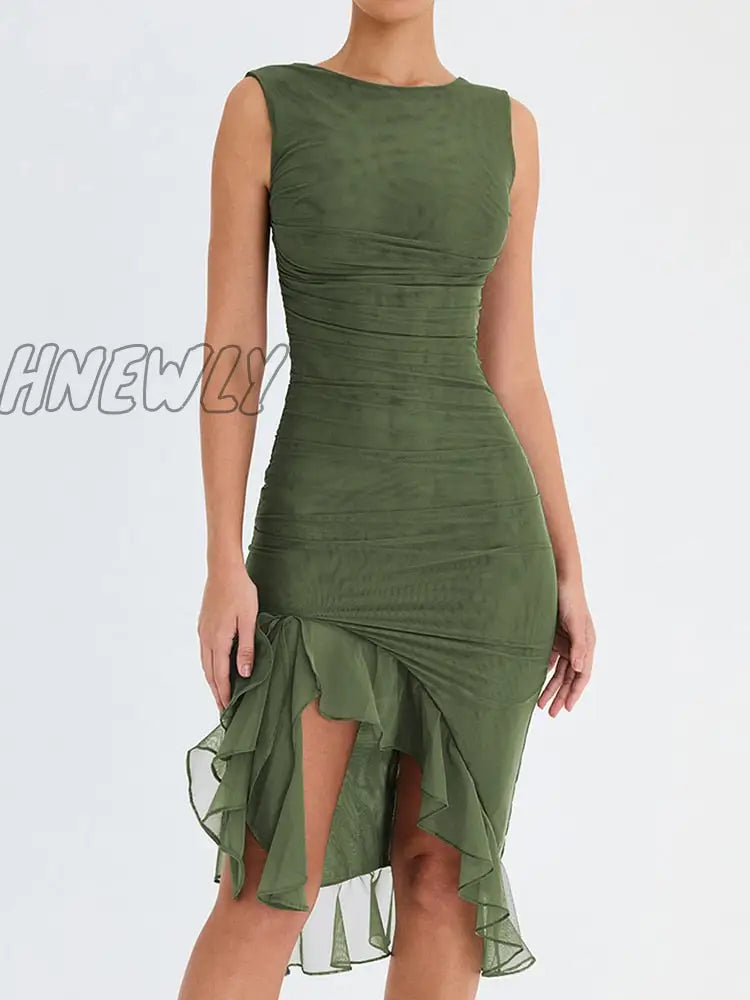 Hnewly Elegant Ruffle Ruched Midi Dress For Women Robe Summer New Backless Sleeveless Irregular