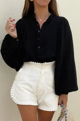 Hnewly - Elegant Simplicity Solid Buckle Mandarin Collar Tops Black / S Tops/Blouses & Shirts