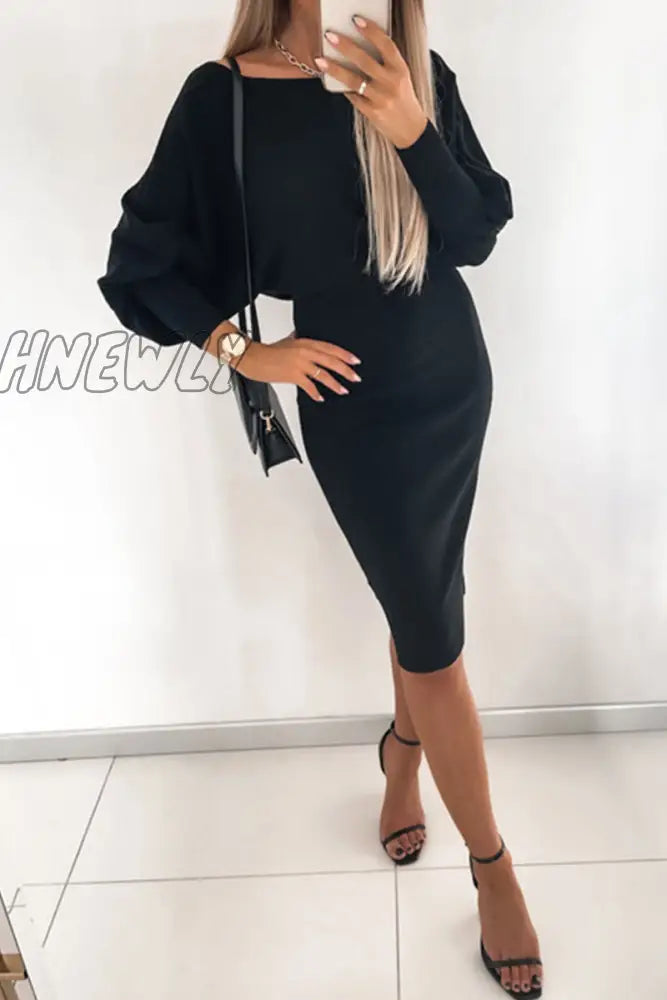Hnewly - Elegant Solid Color O Neck Pencil Skirt Dresses(3 Colors) Black / Xs Dresses/Long Sleeve