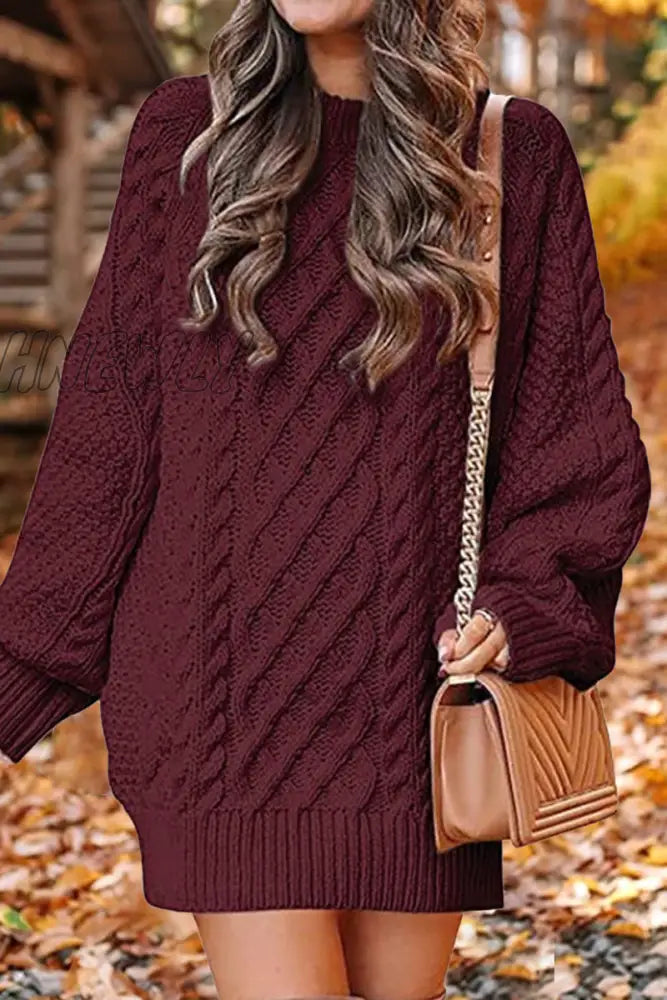 Hnewly - Elegant Solid Hollowed Out O Neck Long Sleeve Dresses(12 Colors) Burgundy / S