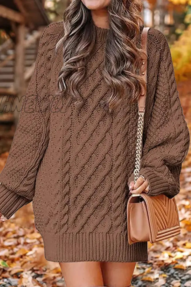 Hnewly - Elegant Solid Hollowed Out O Neck Long Sleeve Dresses(12 Colors) Dark Brown / S
